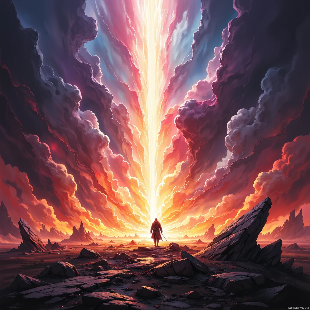 A lone figure stands in a barren landscape under a dramatic sky with a radiant light beam piercing through the clouds.