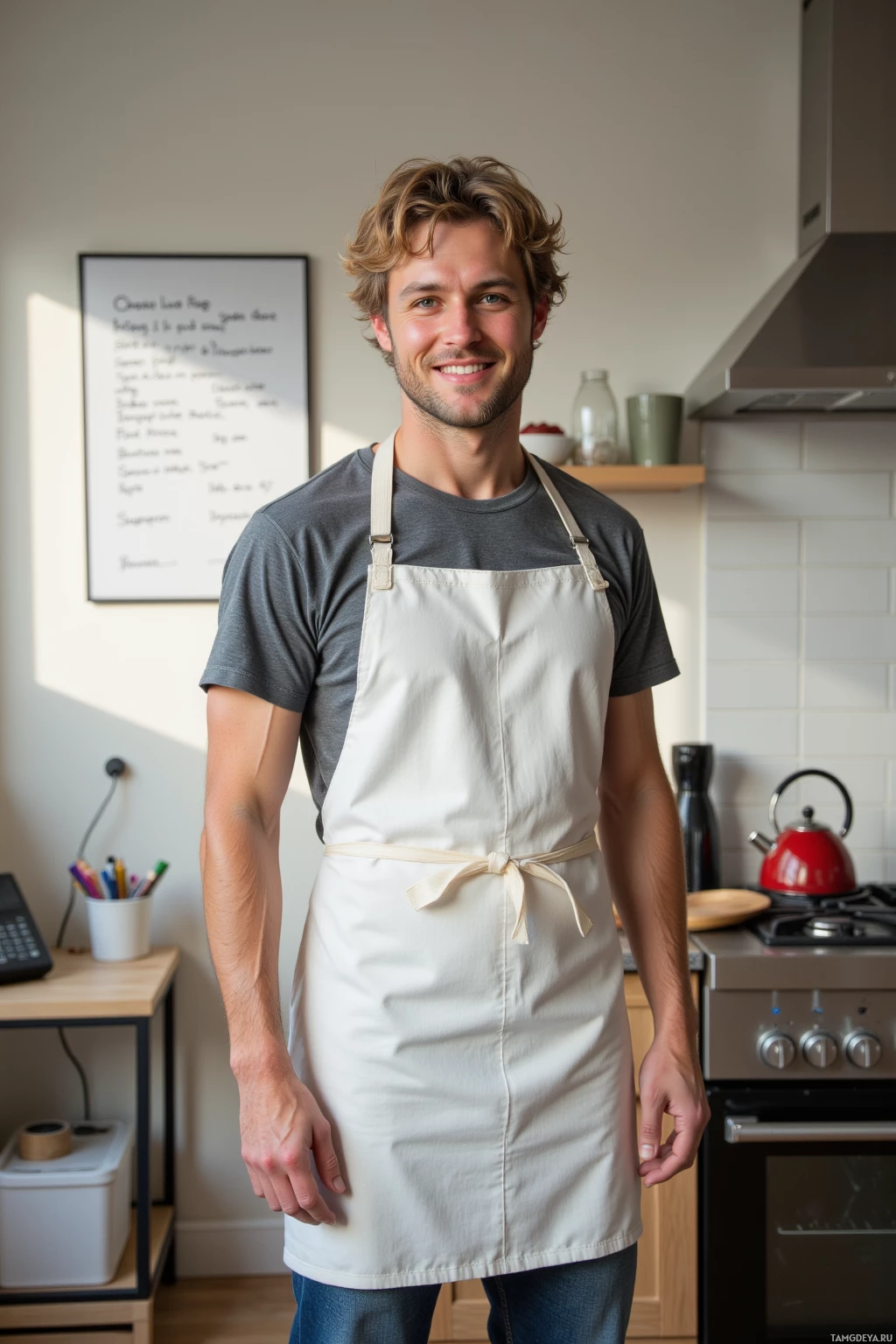 A man wearing a white apron stands in a kitchen, smiling.