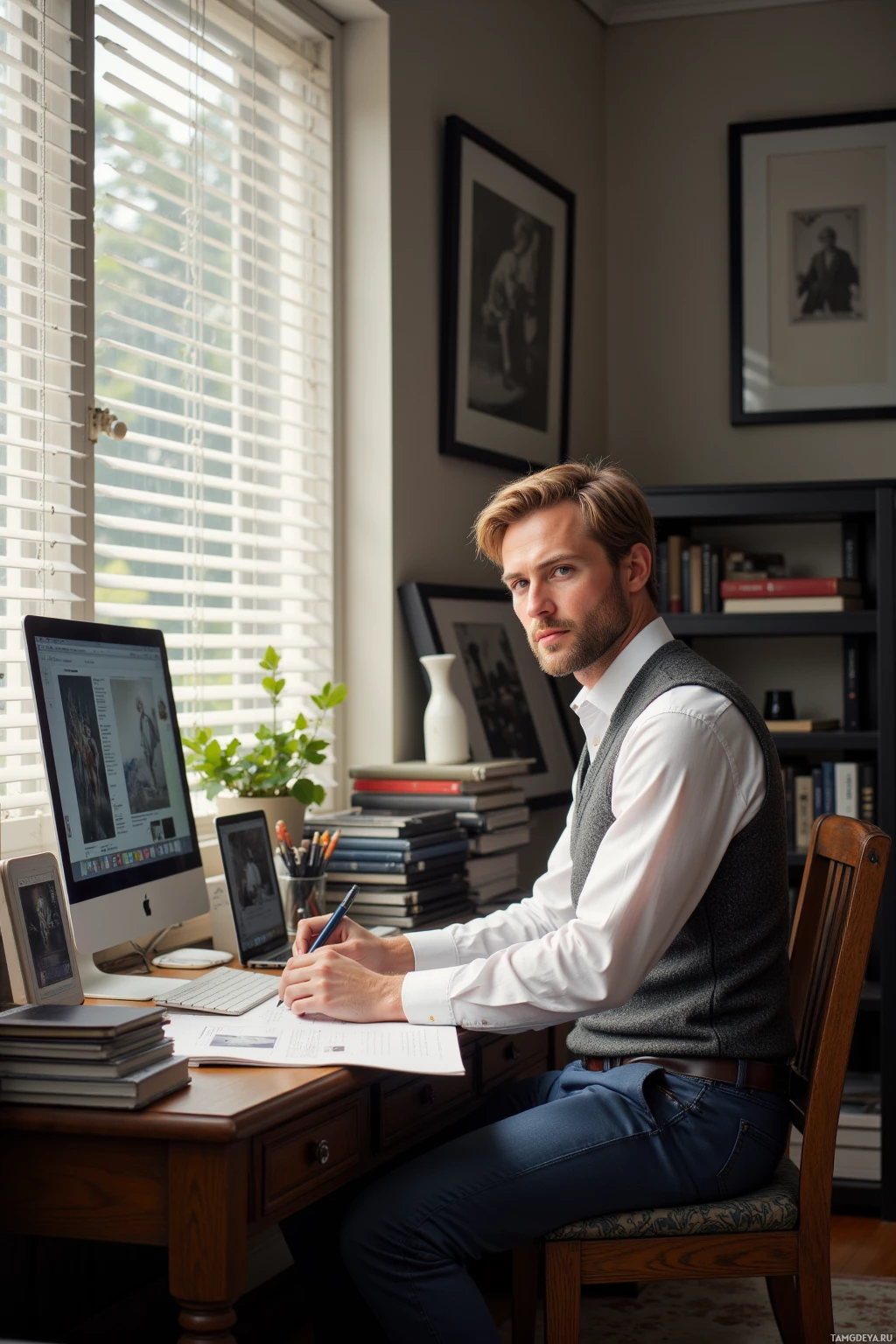 A man sits at a desk in a well-lit room, writing in a notebook with a pen.