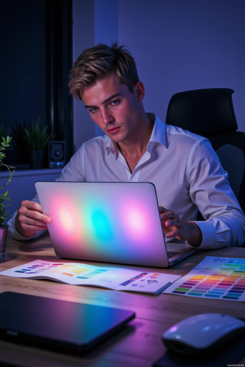 A person in a white shirt works at a desk with a laptop displaying colorful light effects.
