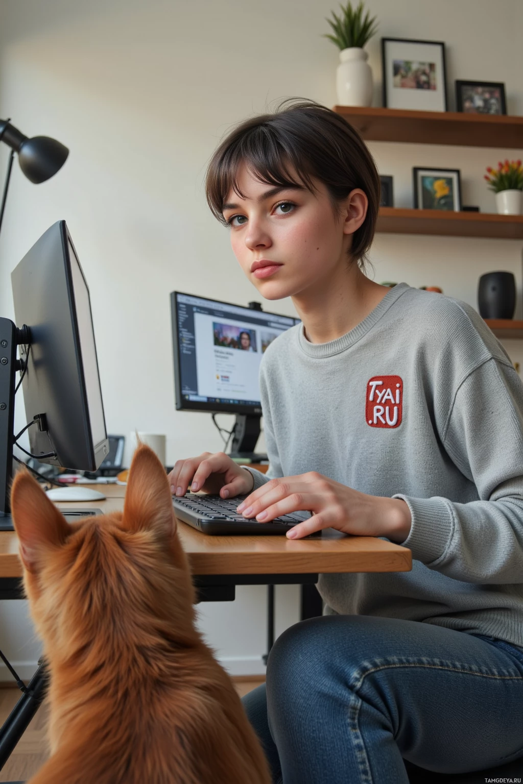 A person is sitting at a desk working on a computer with a dog sitting beside them.