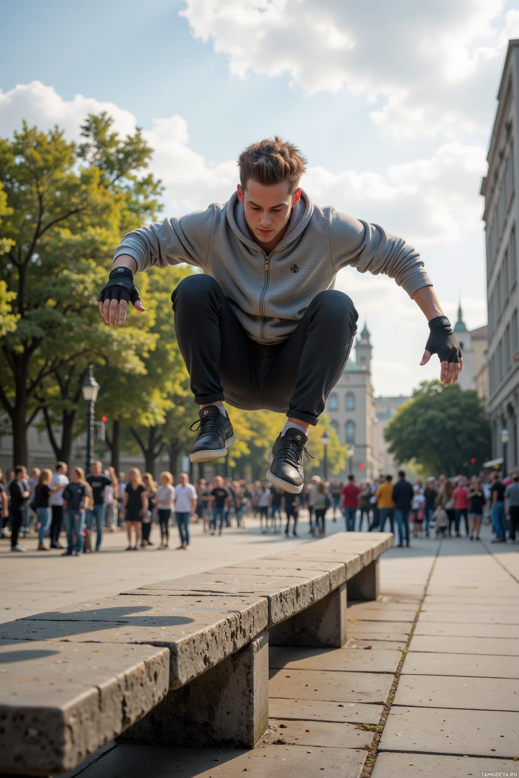 A young man in a grey hoodie and black pants is mid-air, performing a jump in an urban setting with a crowd of onlookers in the background.