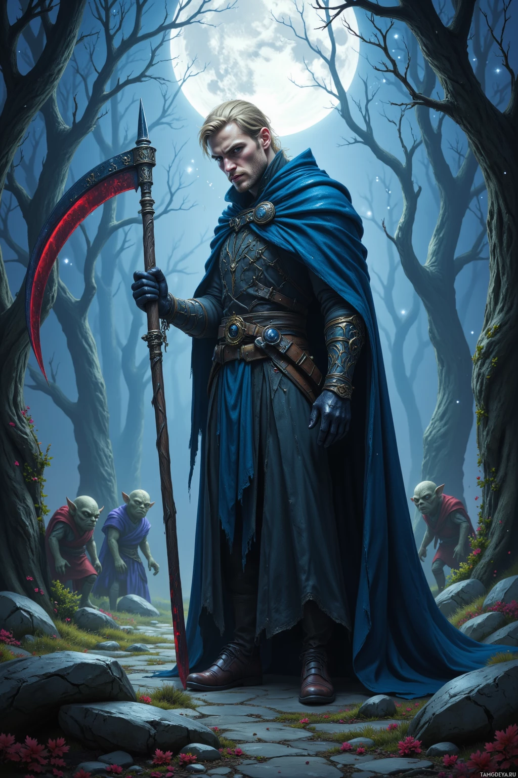 A man in a blue cloak and armor stands in a moonlit forest, holding a staff with a red blade, while small creatures observe from the background.