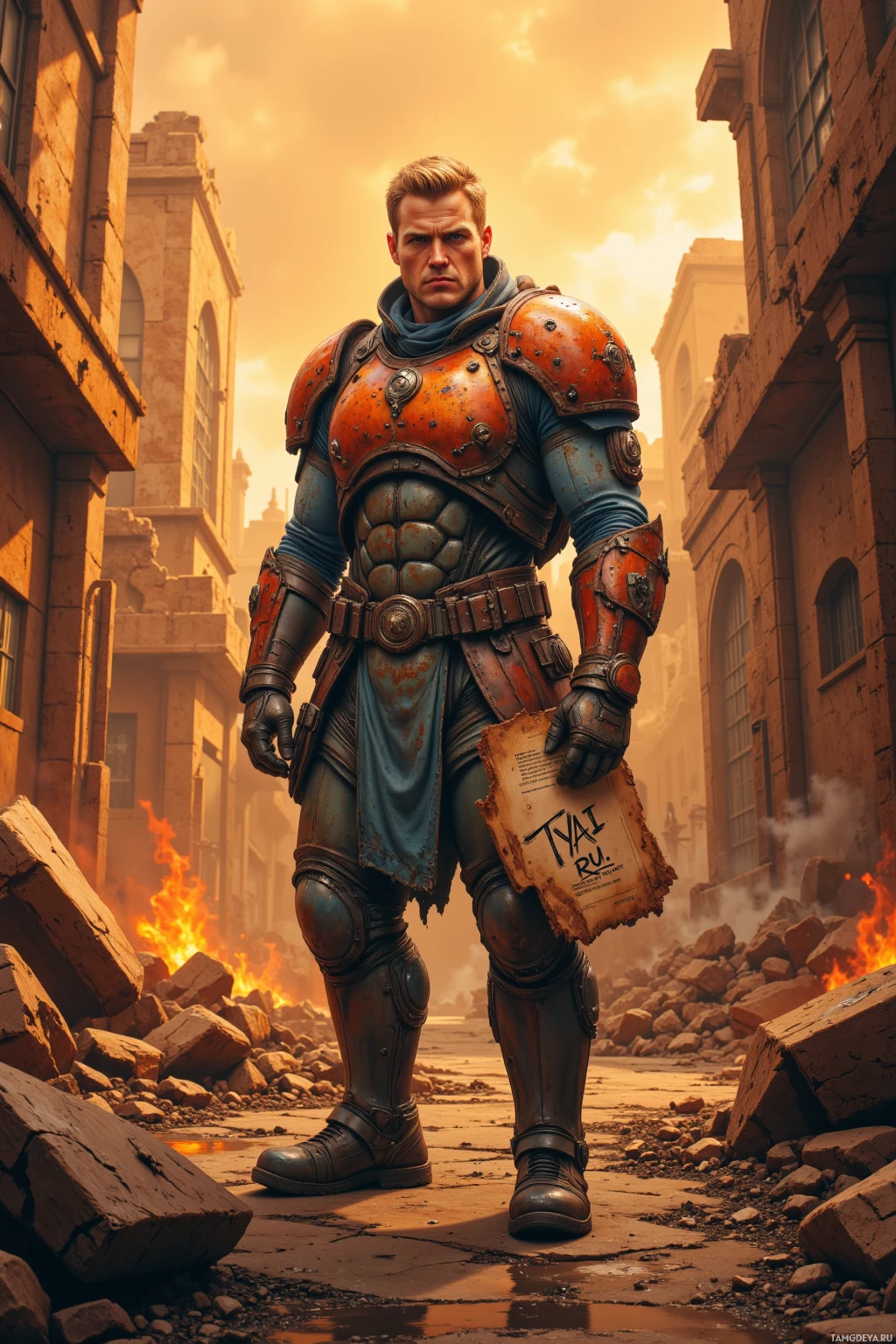 A warrior in ornate armor stands amidst ruins, holding a document.