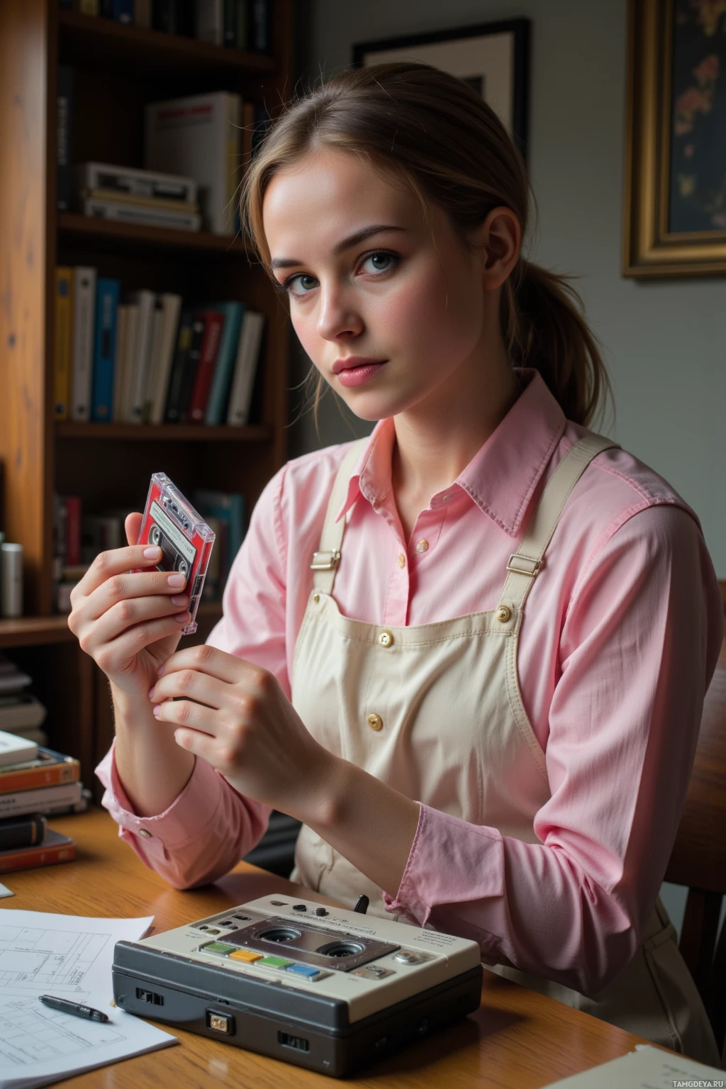 A person in a pink shirt and beige overalls holds a cassette tape in front of a desk with a tape recorder and papers.
