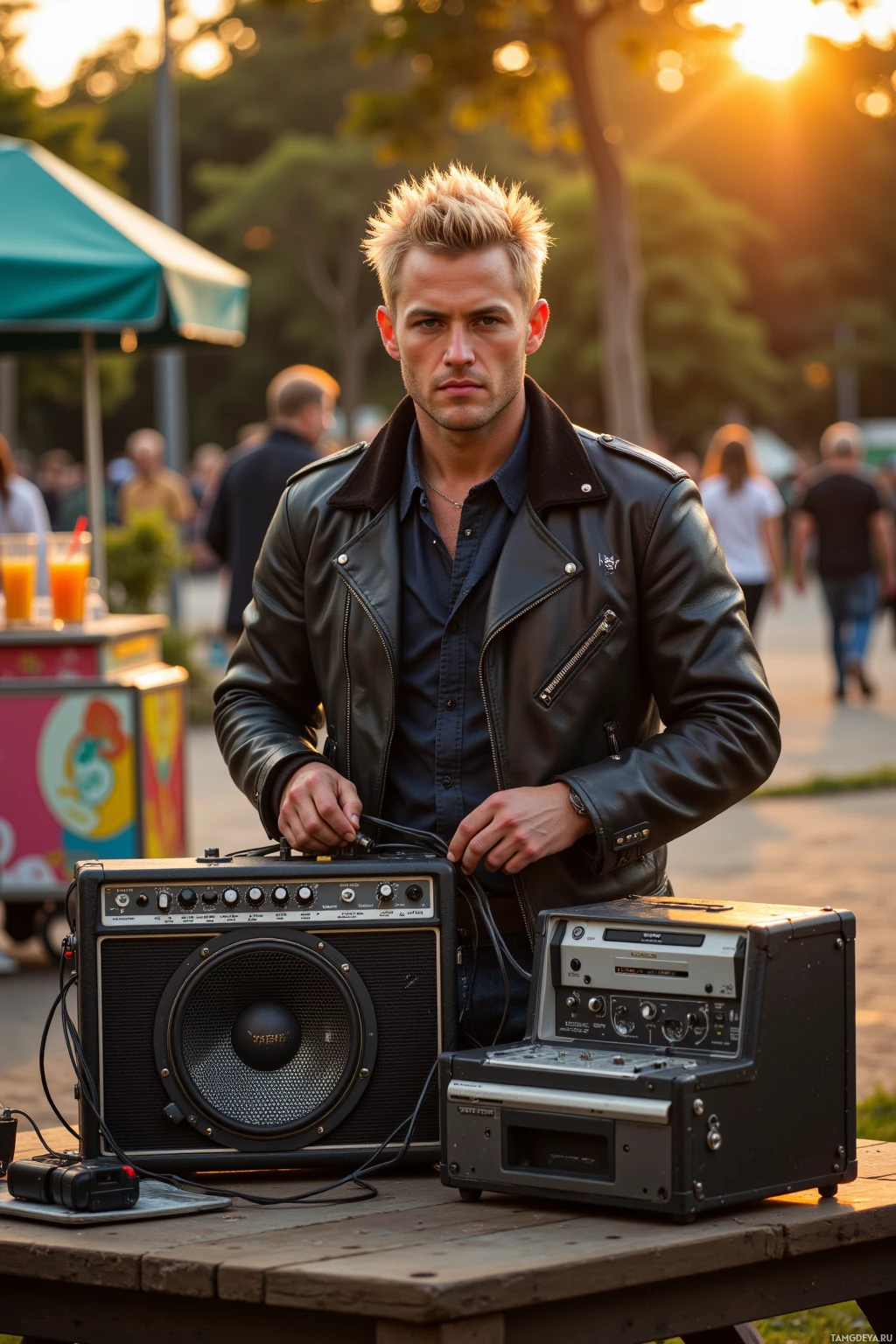 A man in a leather jacket stands beside a vintage amplifier and turntable setup at an outdoor event.