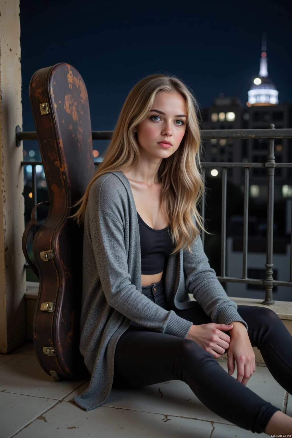 A young woman sits on a balcony at night, leaning against a guitar case, with a cityscape in the background.