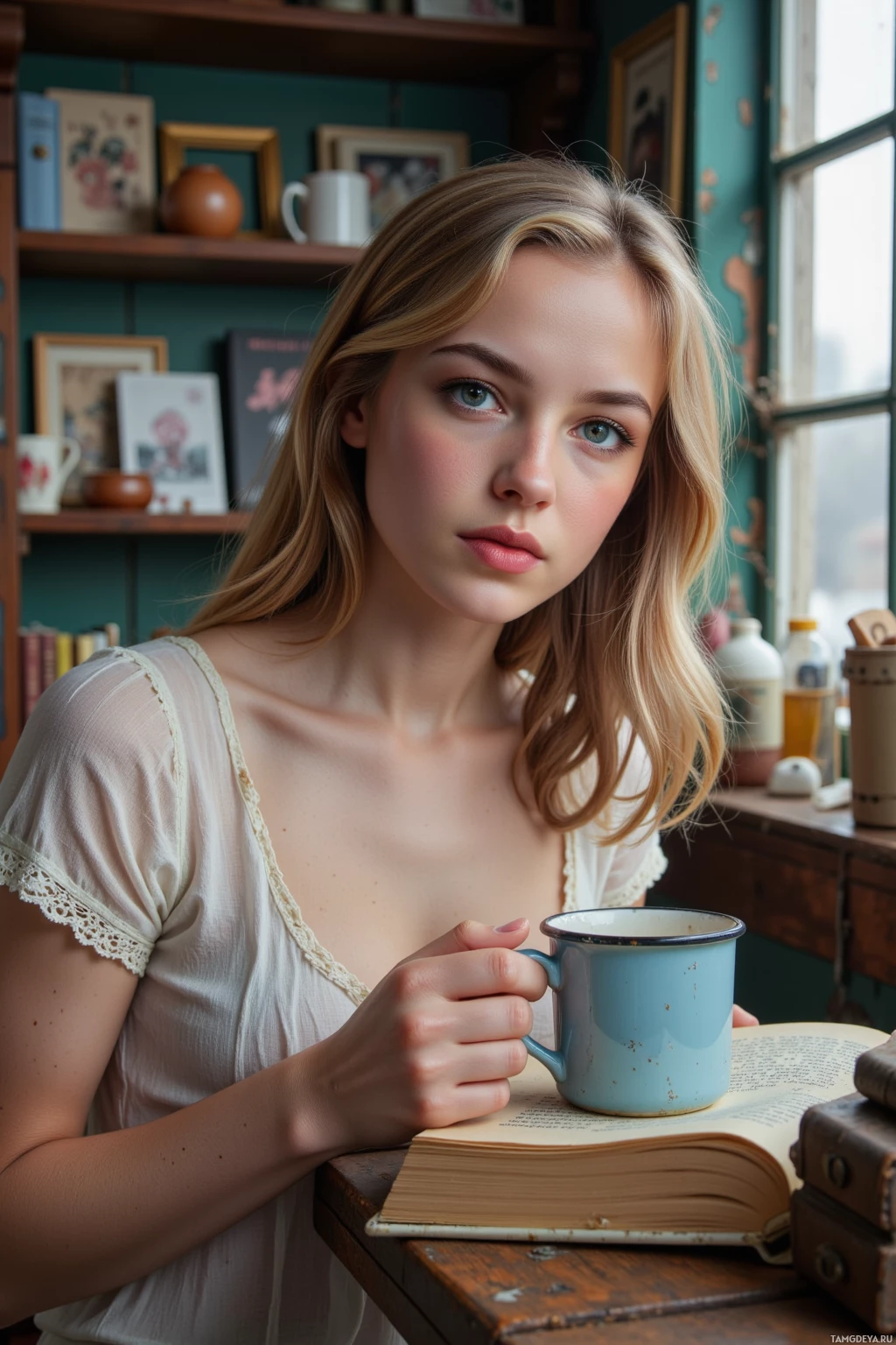 A young woman with blonde hair sits at a table, holding a blue mug and looking at an open book.