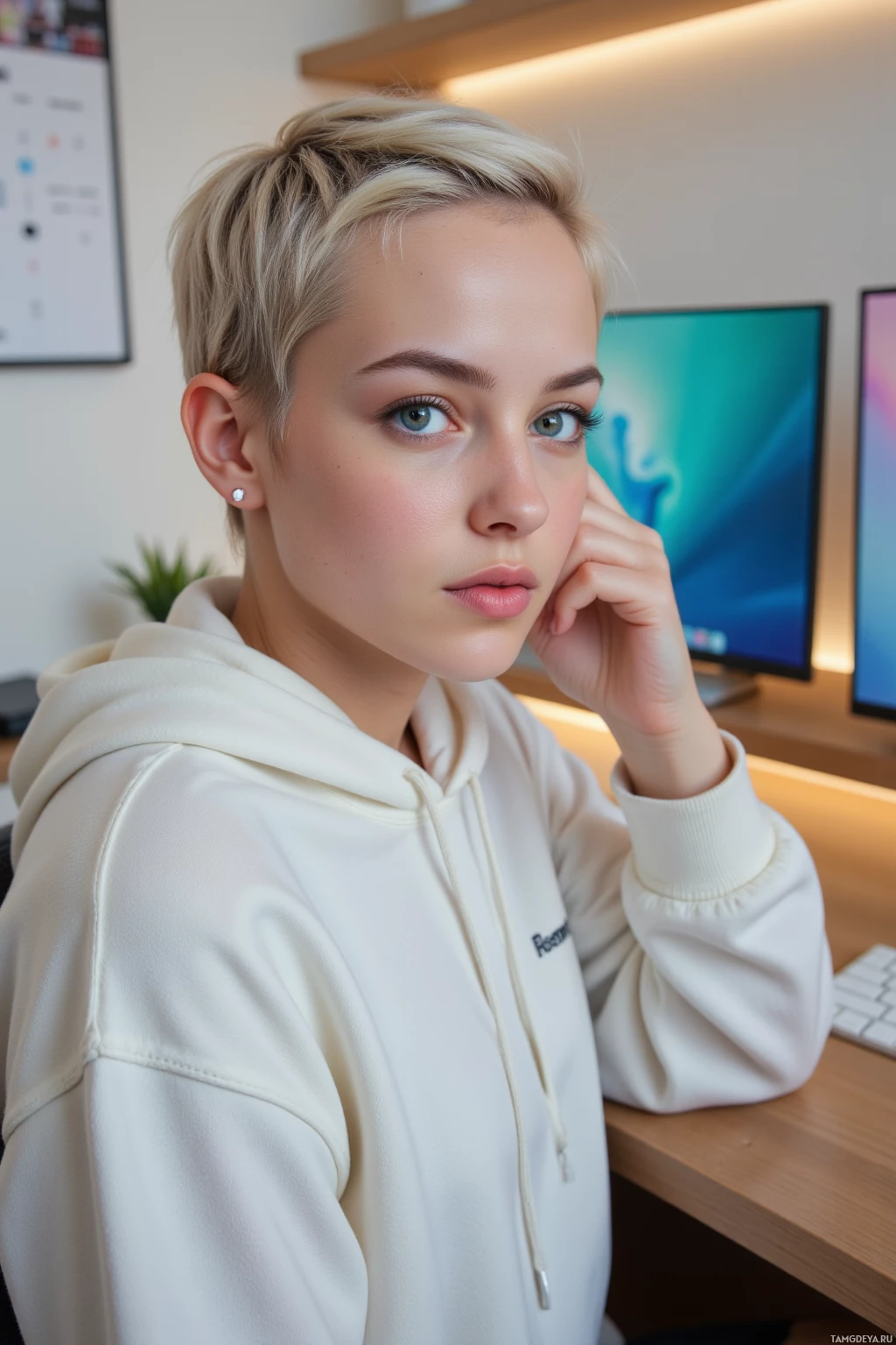 A person with short blonde hair wearing a white hoodie sits at a desk with a computer monitor in the background.