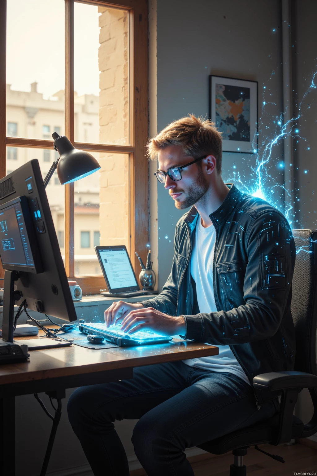 A man is working at a desk with a computer, surrounded by a modern office environment.