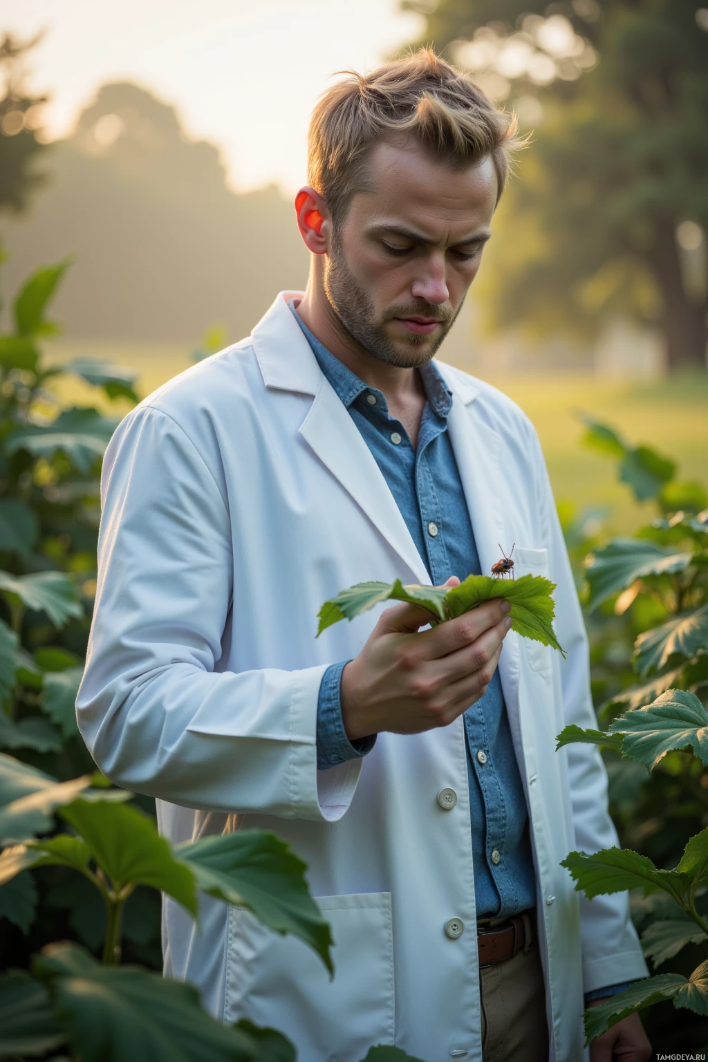 A man in a lab coat examines a leaf with a small insect on it in a natural setting.