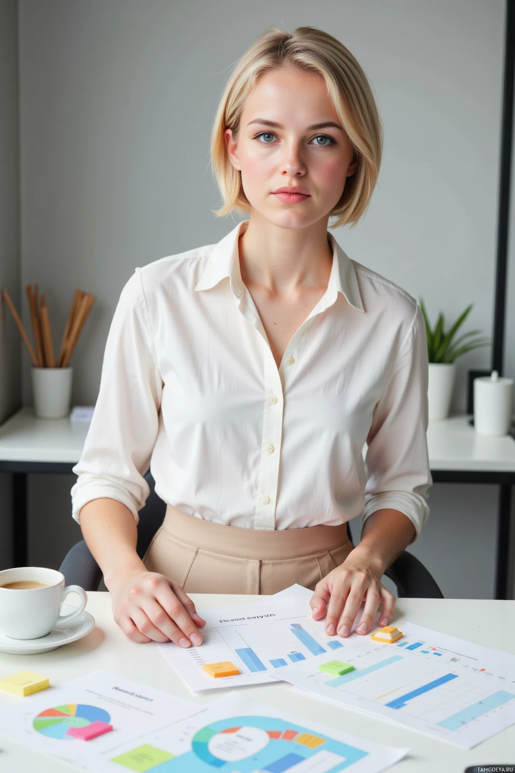 A woman in a professional setting with documents and a cup of coffee on the table.