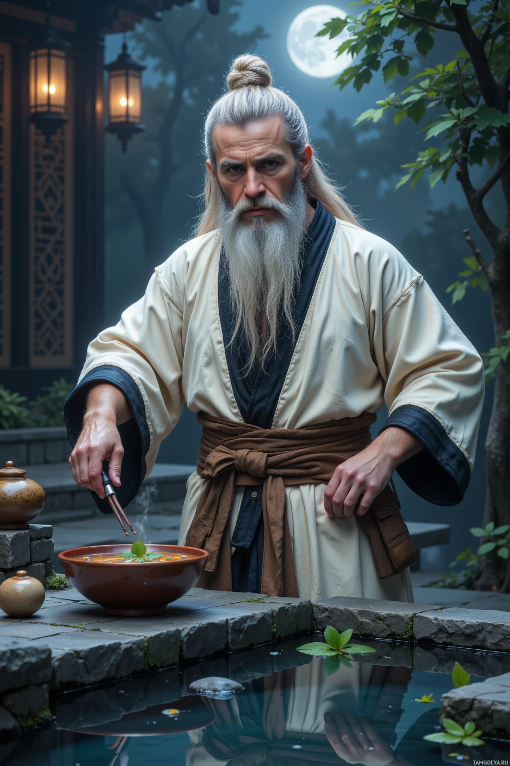 A man in traditional attire pours tea into a bowl in a serene garden setting.