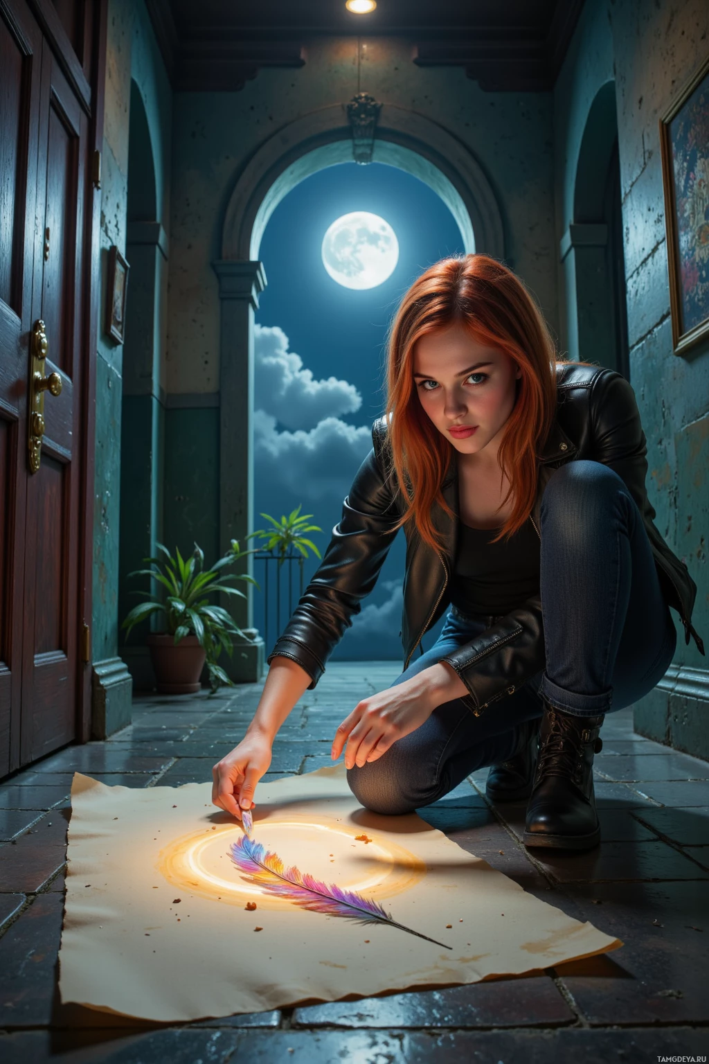 A woman kneels in a dimly lit hallway, drawing with a feather on a piece of parchment.