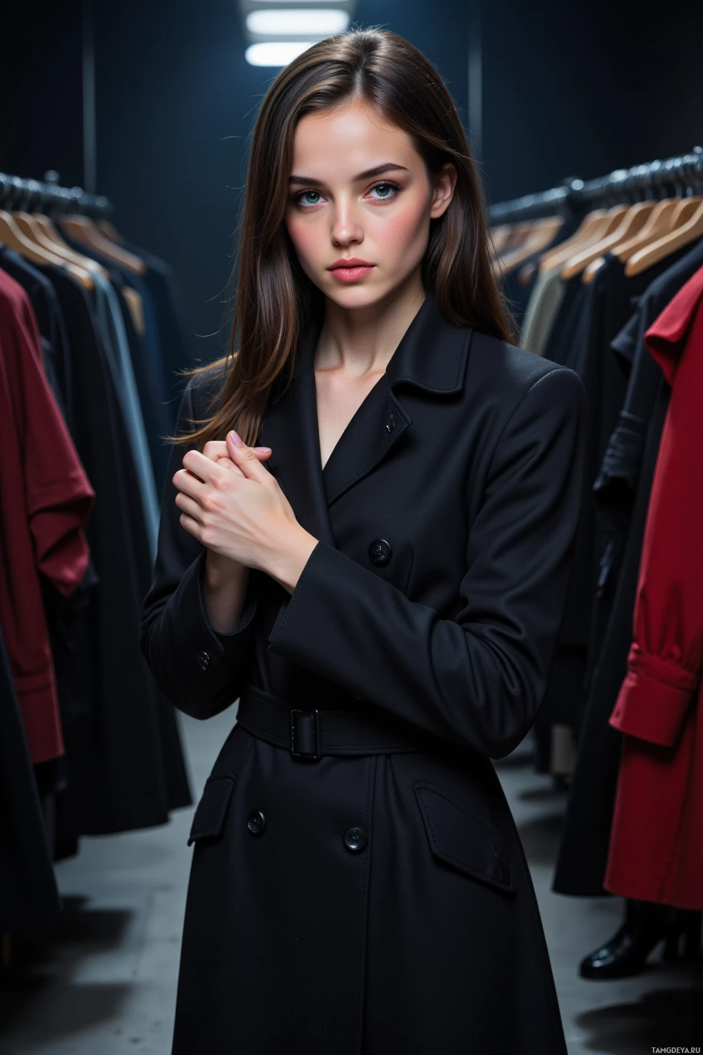 A woman stands in a clothing store, wearing a black coat and posing with her hands clasped.