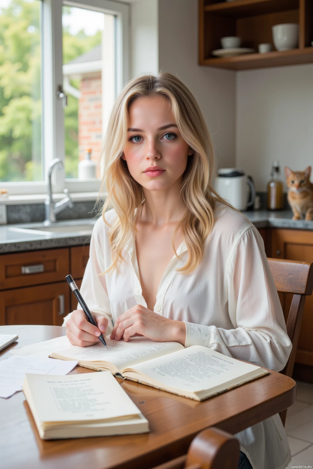 A woman sits at a table in a kitchen, writing in a notebook.