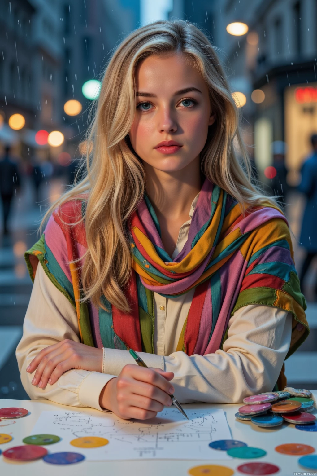 A person wearing a colorful scarf and holding a pen, sitting at a table with a drawing and paint palette.