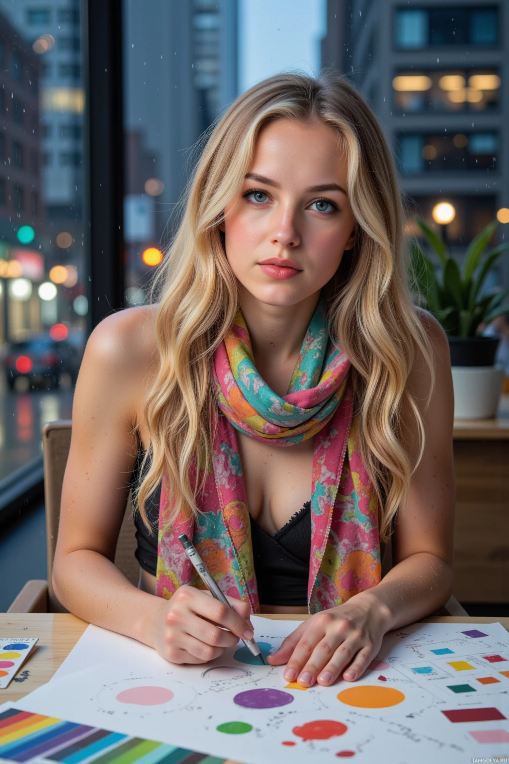 A woman with long blonde hair wearing a colorful scarf is seated at a table, working on a design project with a color wheel and a paint palette.