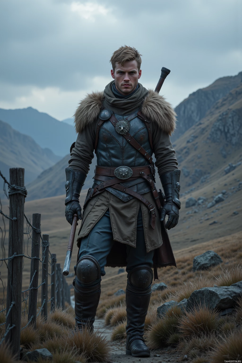 A person in medieval-style armor stands on a path in a mountainous landscape.