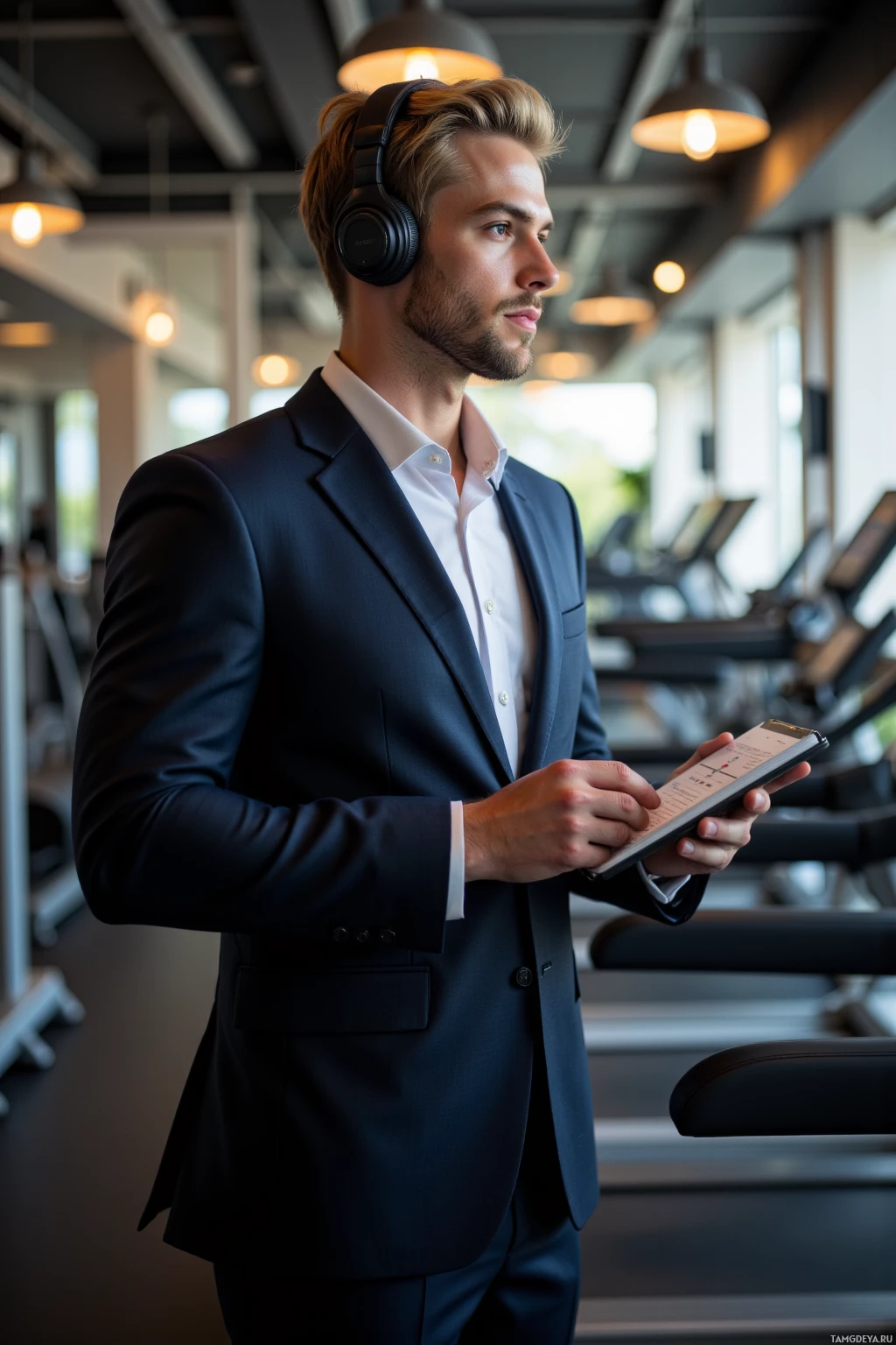 A man in a suit and headphones holds a tablet in a gym setting.