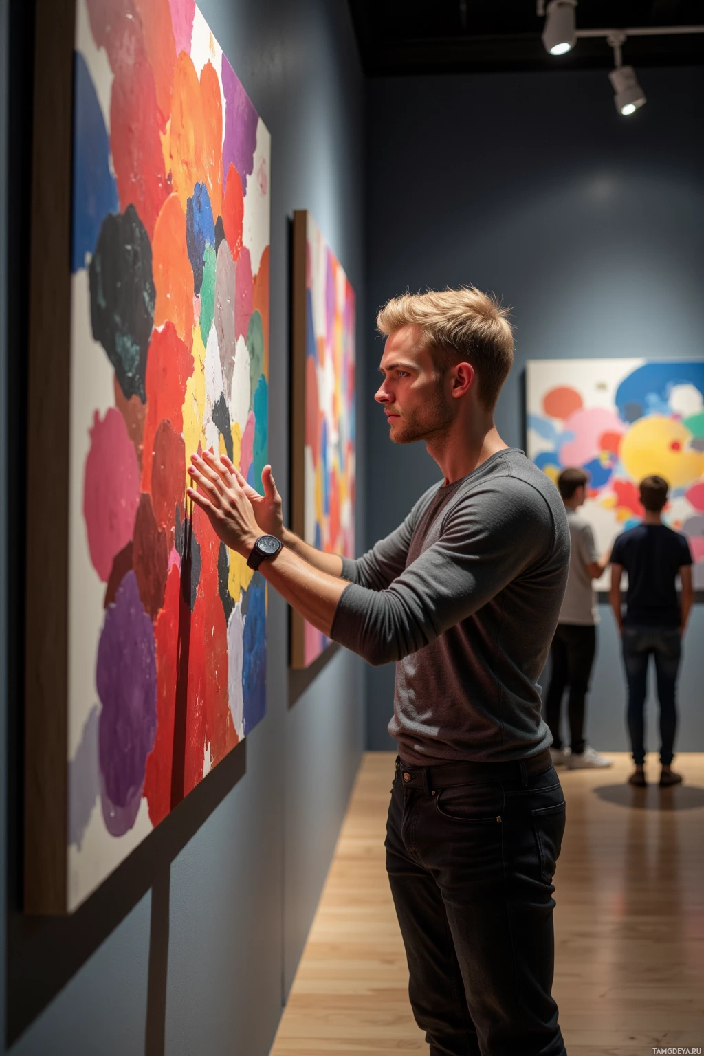 A man stands in an art gallery, examining a colorful abstract painting.