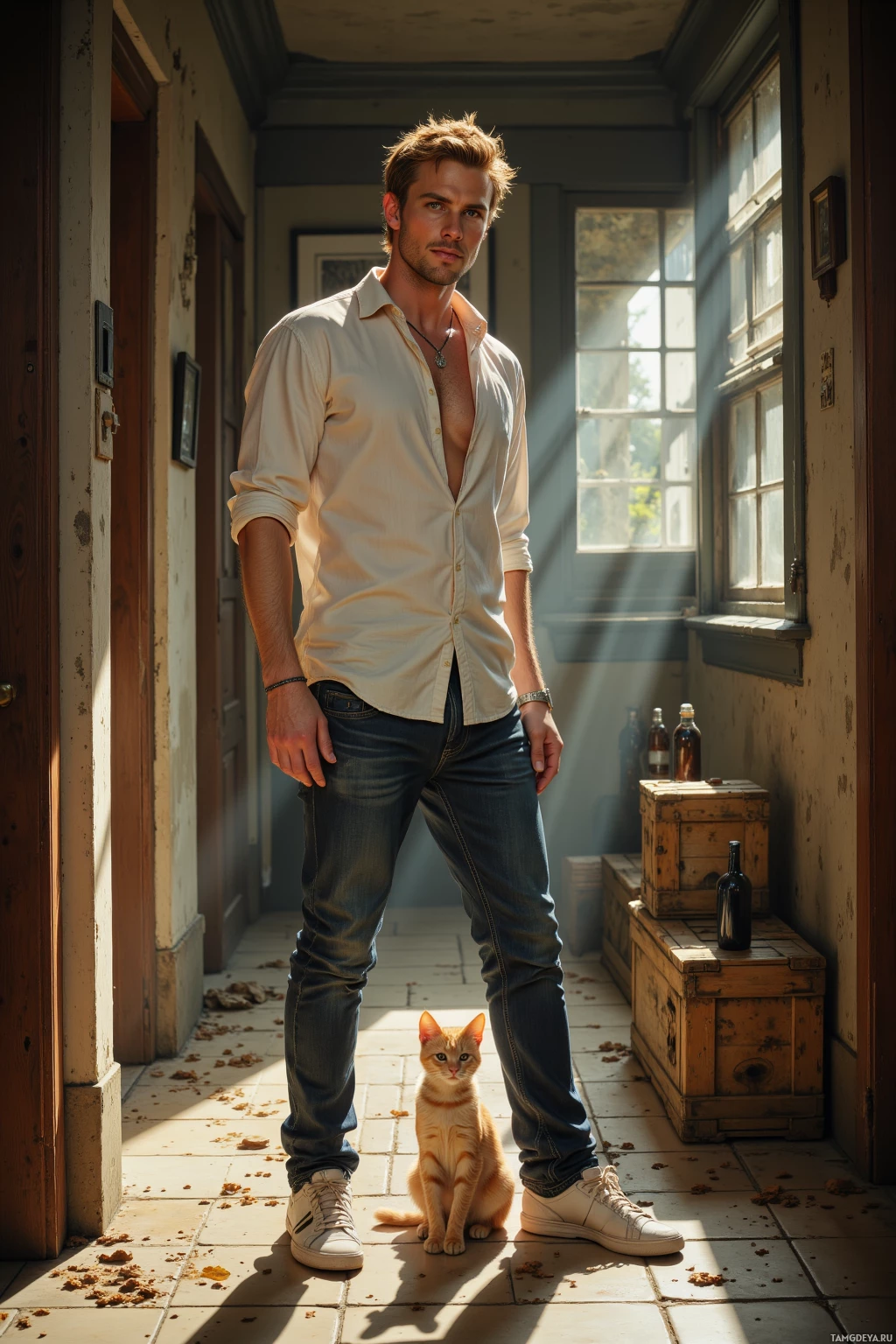 A man stands in a sunlit hallway, wearing a white shirt and jeans, with a cat sitting on the floor beside him.