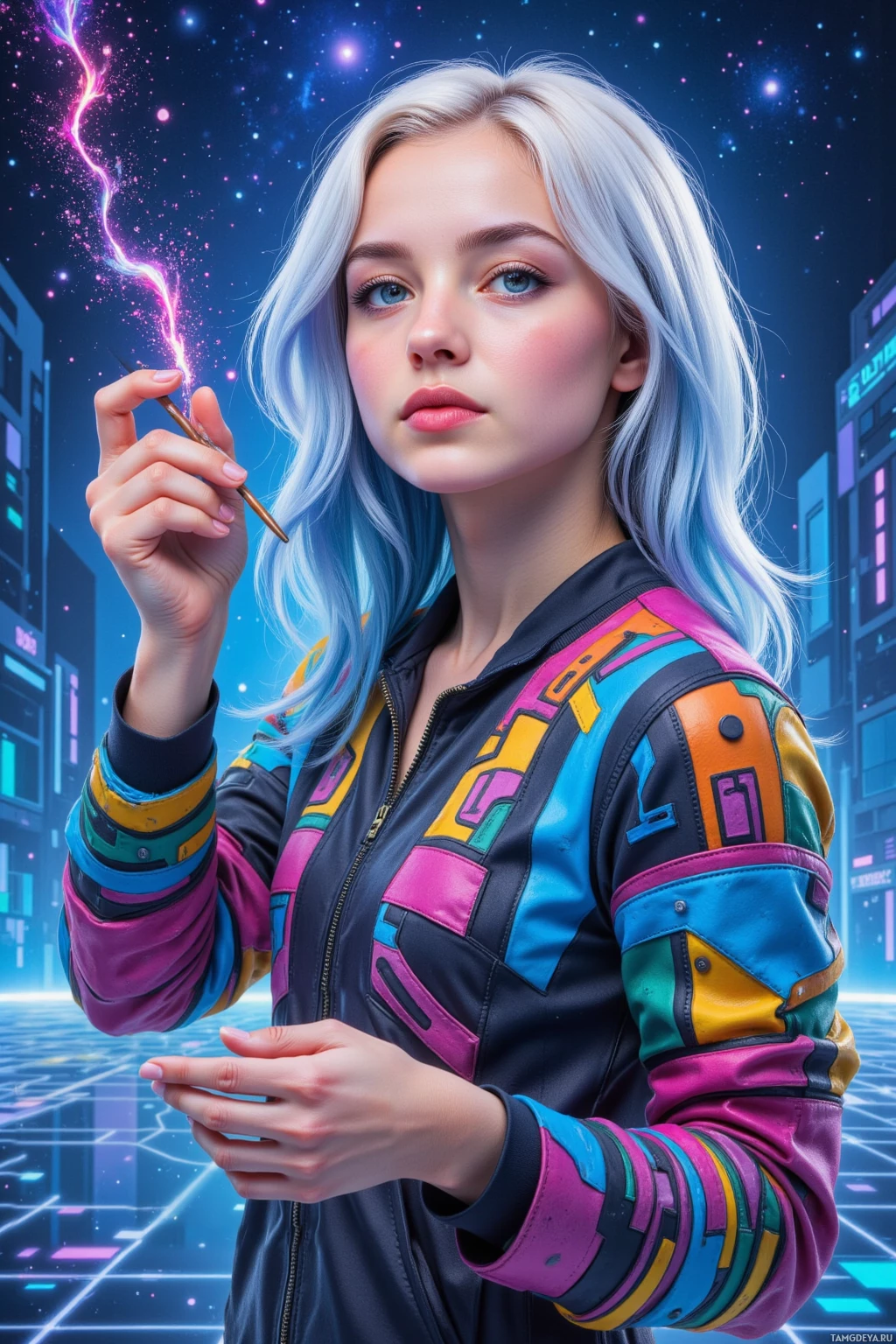 A person with long, light-colored hair holds a glowing object in a futuristic, neon-lit environment.