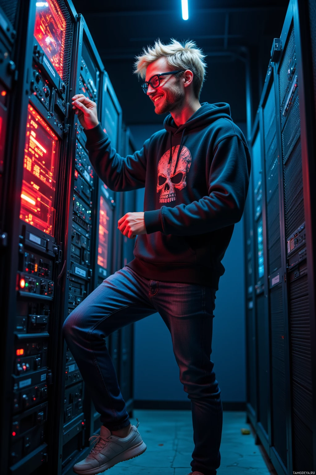 A person in a hoodie and jeans stands in a server room, interacting with a server.