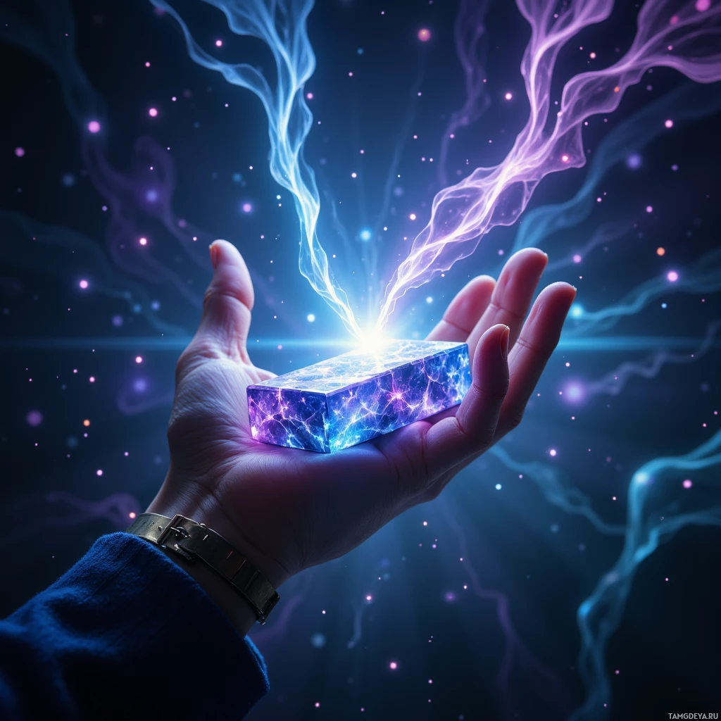 A hand holds a glowing, cosmic cube emitting vibrant energy against a starry background.