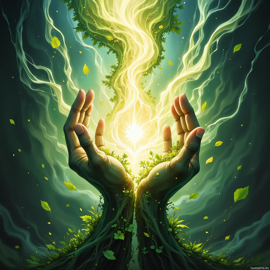 Two hands reach upwards, surrounded by glowing green energy and floating leaves.