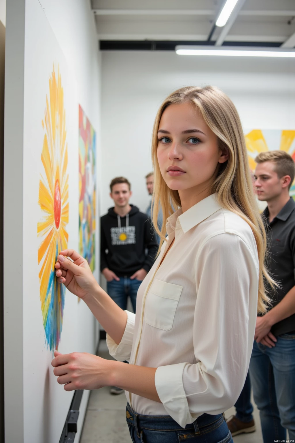 A woman in a white shirt stands in front of a colorful abstract painting, with two men in the background.