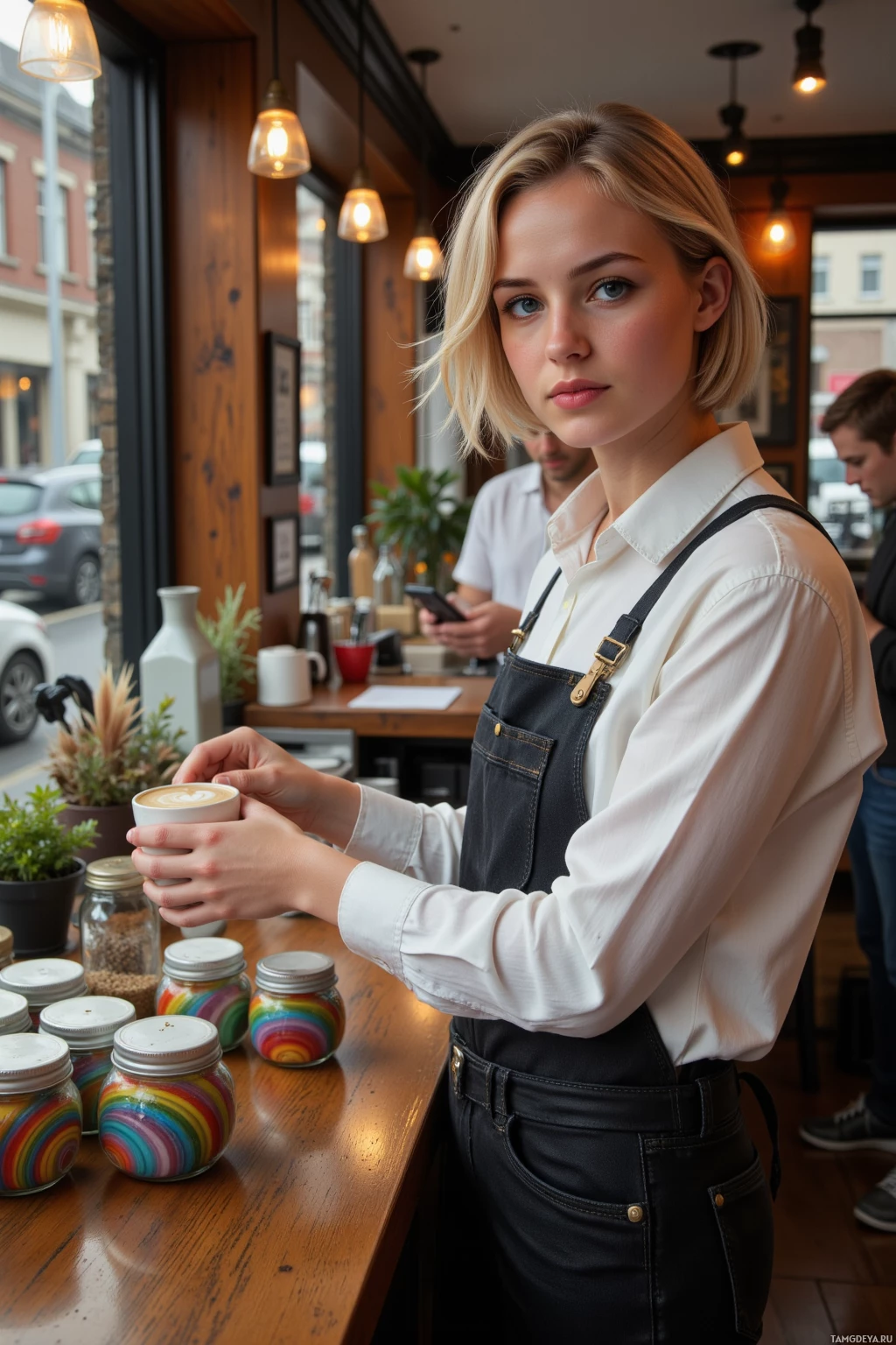 A woman in a white shirt and black apron holds a coffee cup in a cozy café setting.