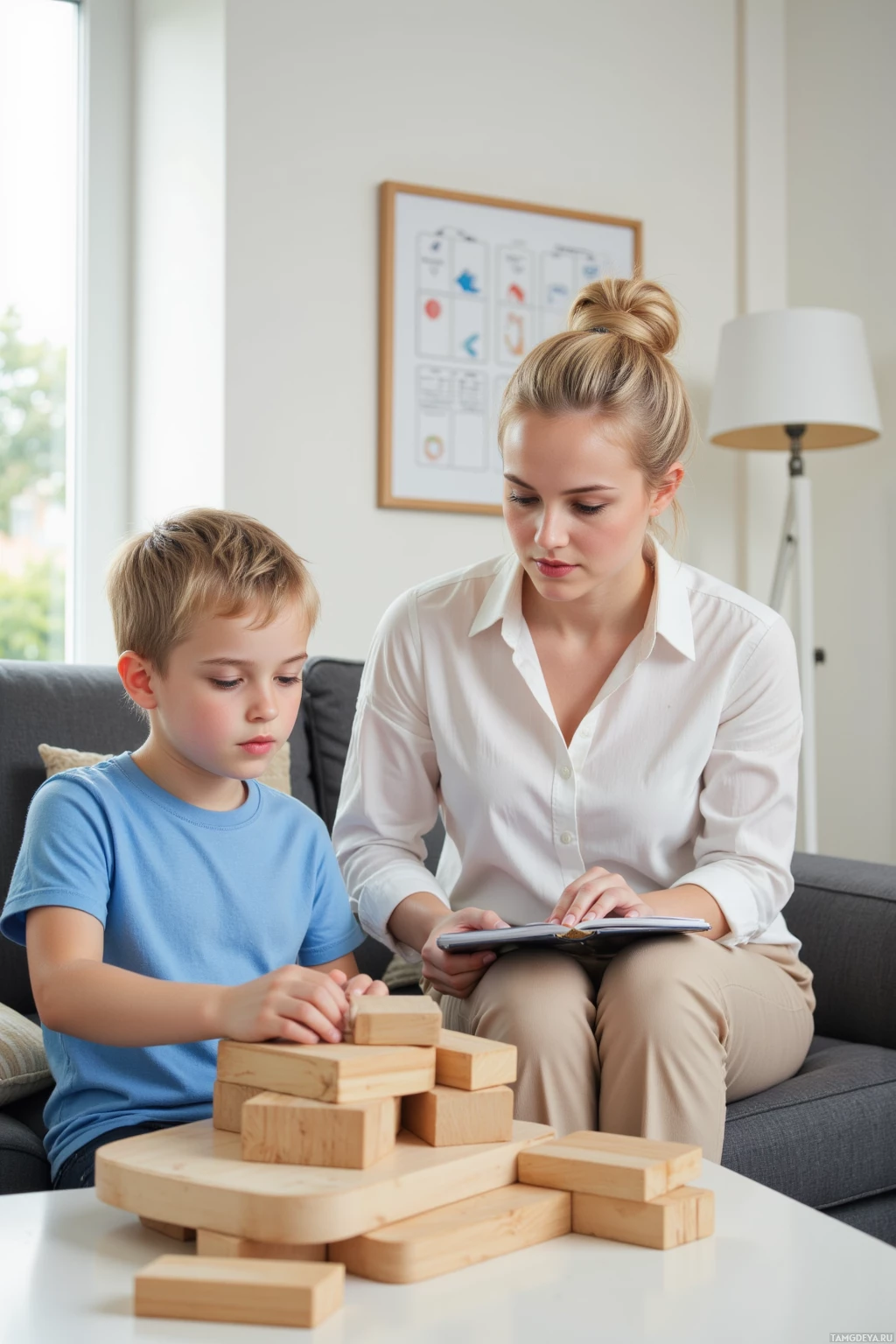 A woman and a child are playing with wooden blocks on a table.