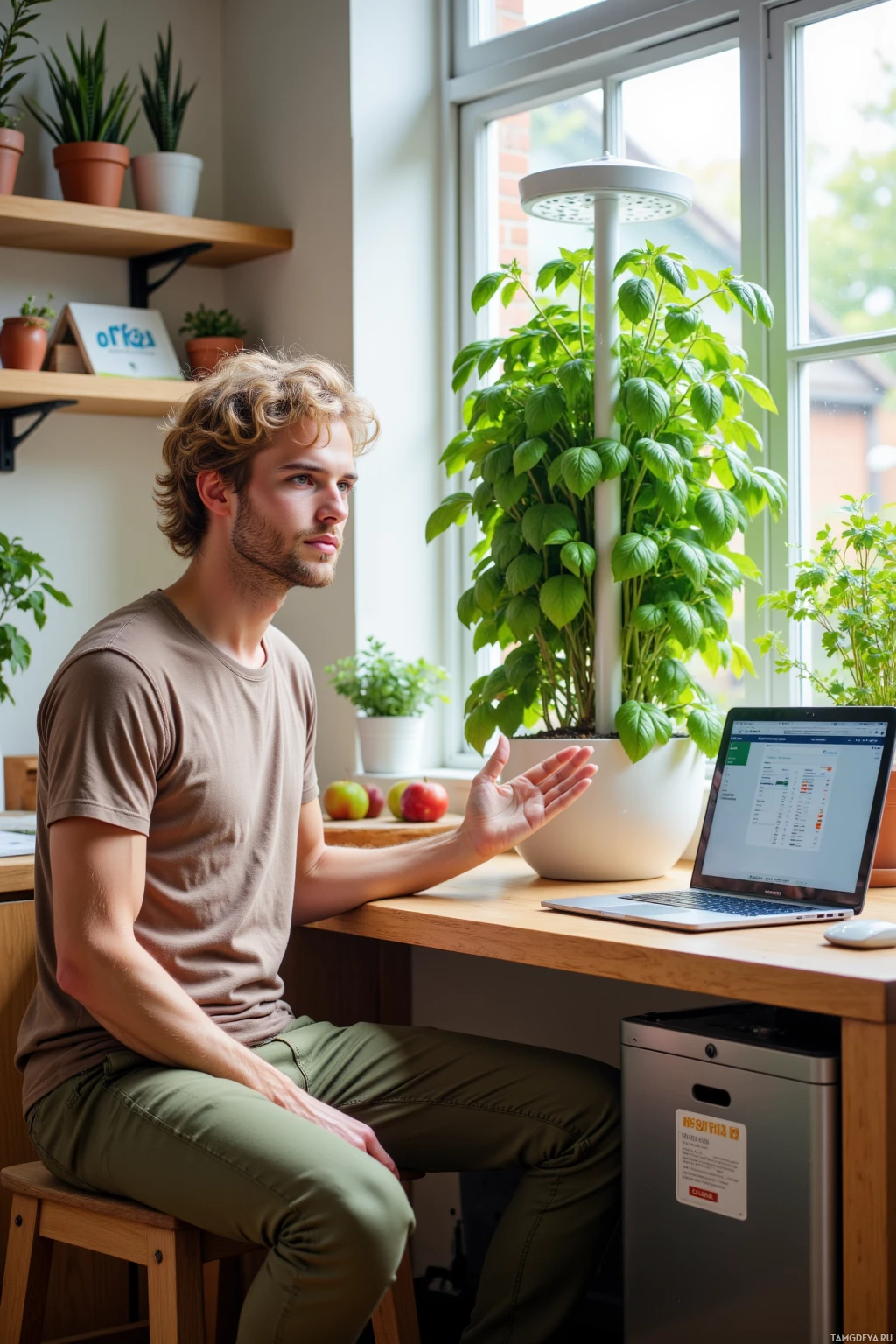 A person sits at a desk with a laptop, surrounded by plants and natural light.