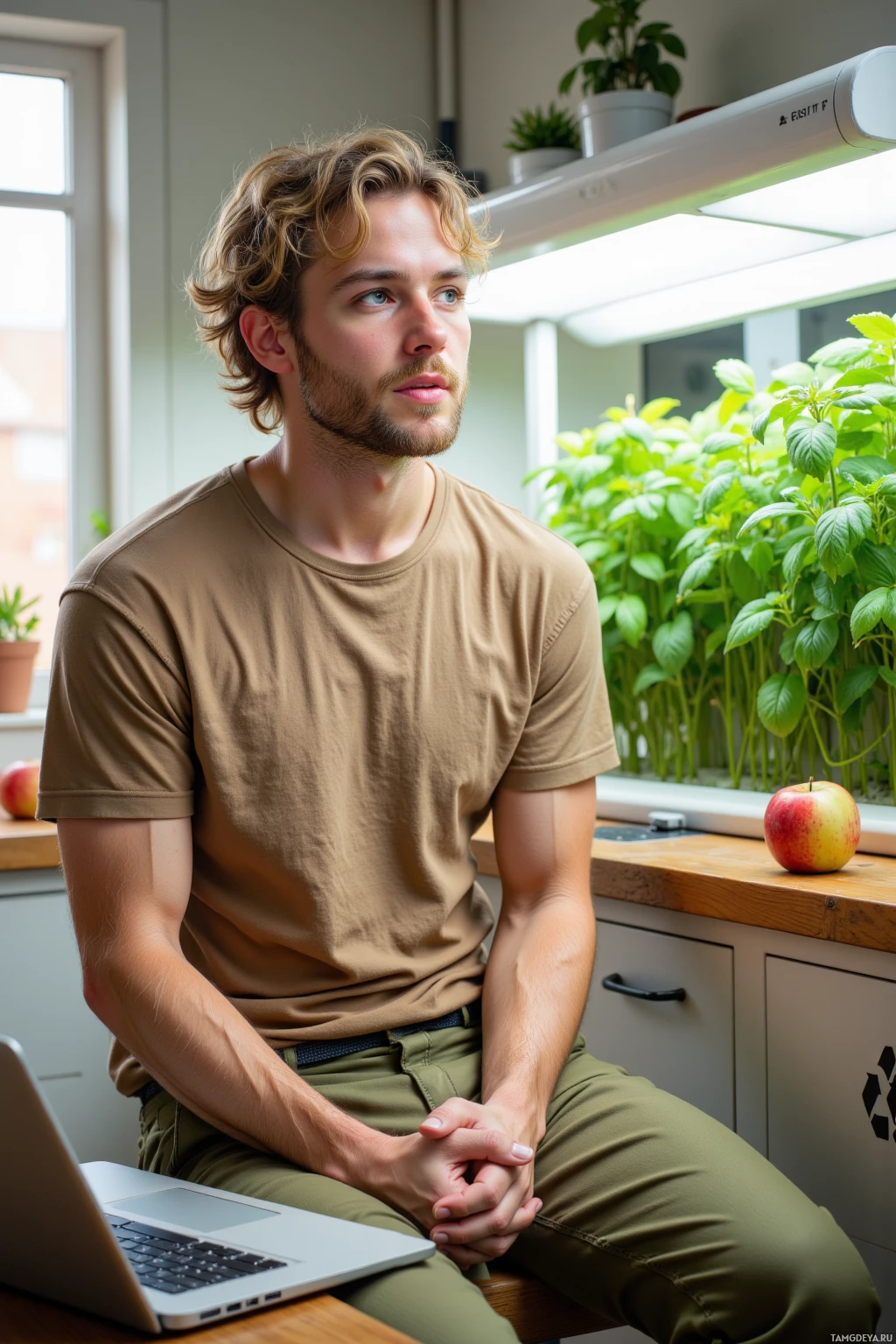A man sits at a desk with a laptop, hands clasped, in a room with plants and a window.