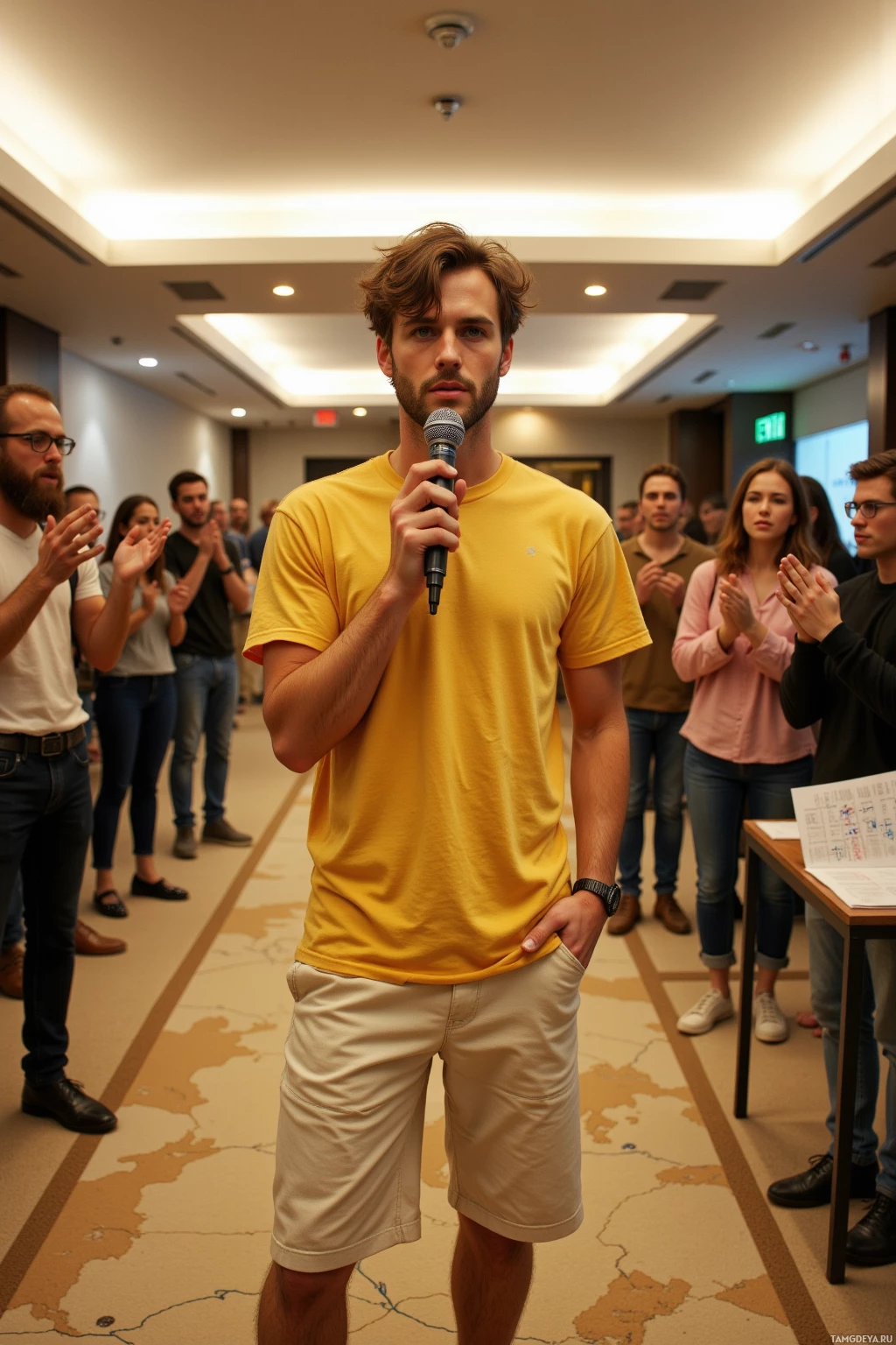 A man in a yellow shirt speaks into a microphone in front of an audience.