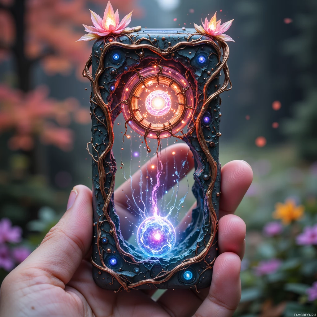 A hand holds a phone case adorned with glowing, intricate designs and floral motifs.