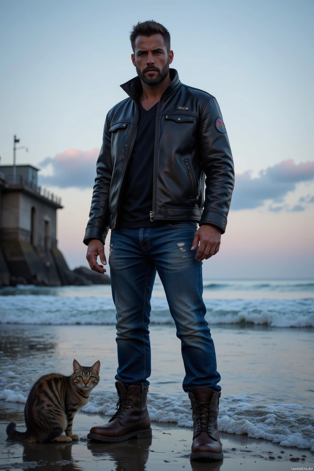 A man stands on a beach wearing a leather jacket and jeans, with a cat sitting nearby.