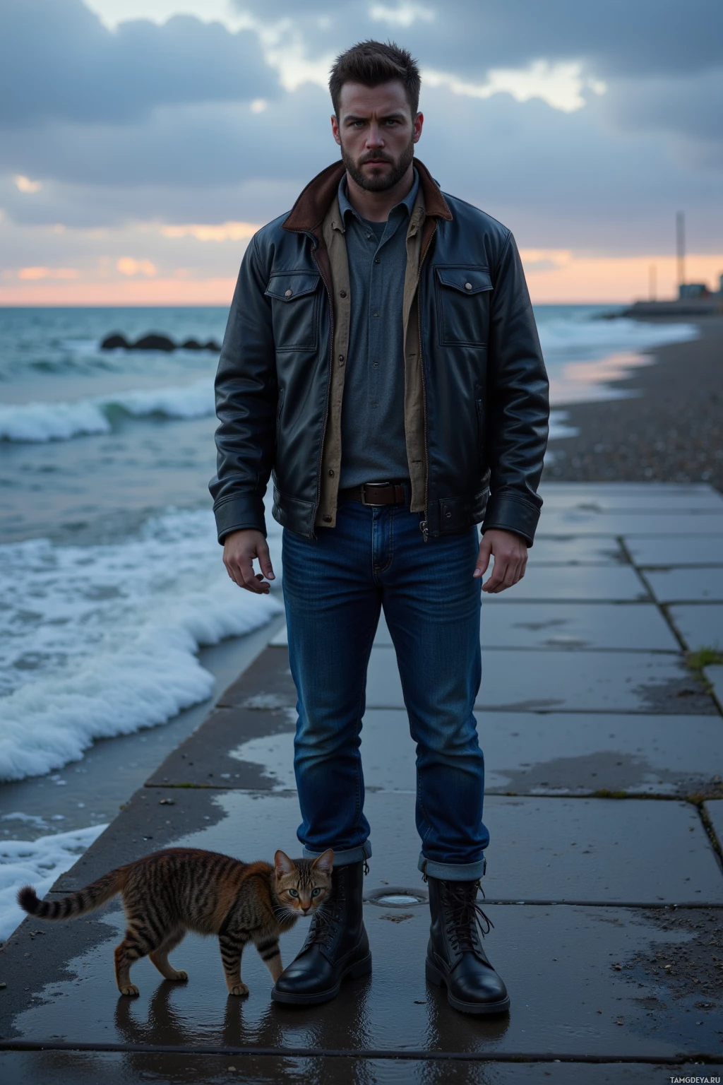 A man stands on a wet promenade by the sea, wearing a leather jacket and jeans, with a cat walking beside him.