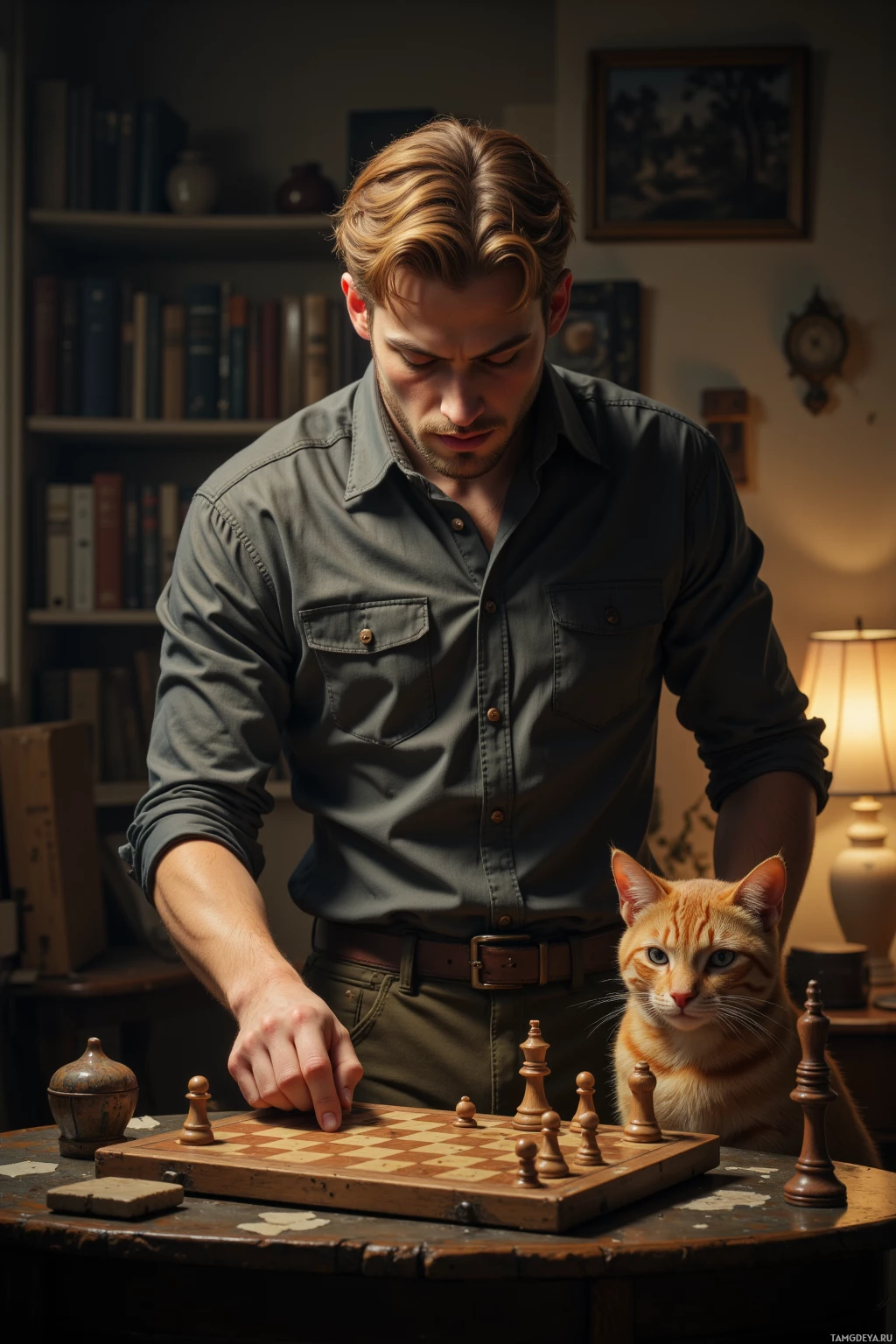 A man in a dark shirt plays chess with a cat sitting beside the board.