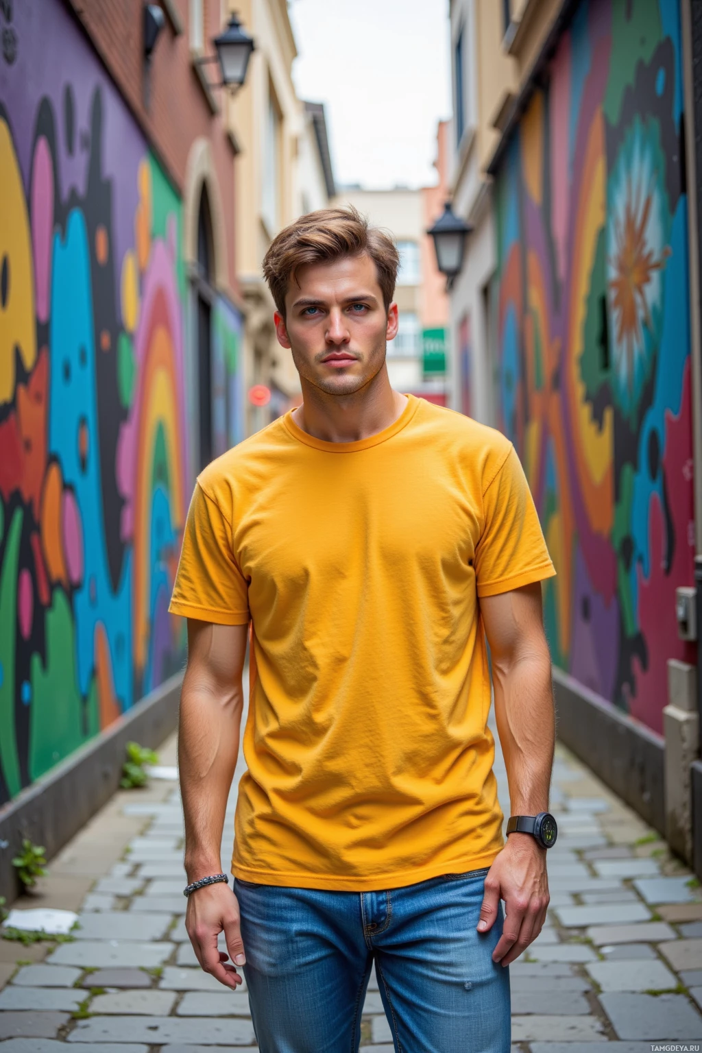 A man in a yellow t-shirt and jeans stands in an alley with colorful graffiti on the walls.