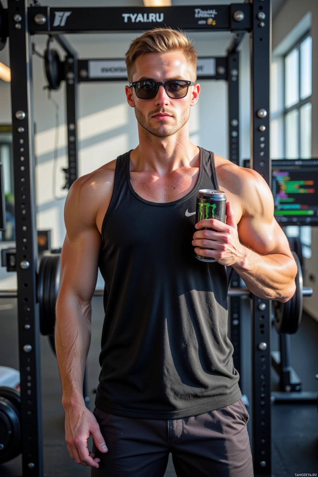 A muscular man in a gym holds a can of Monster Energy drink.