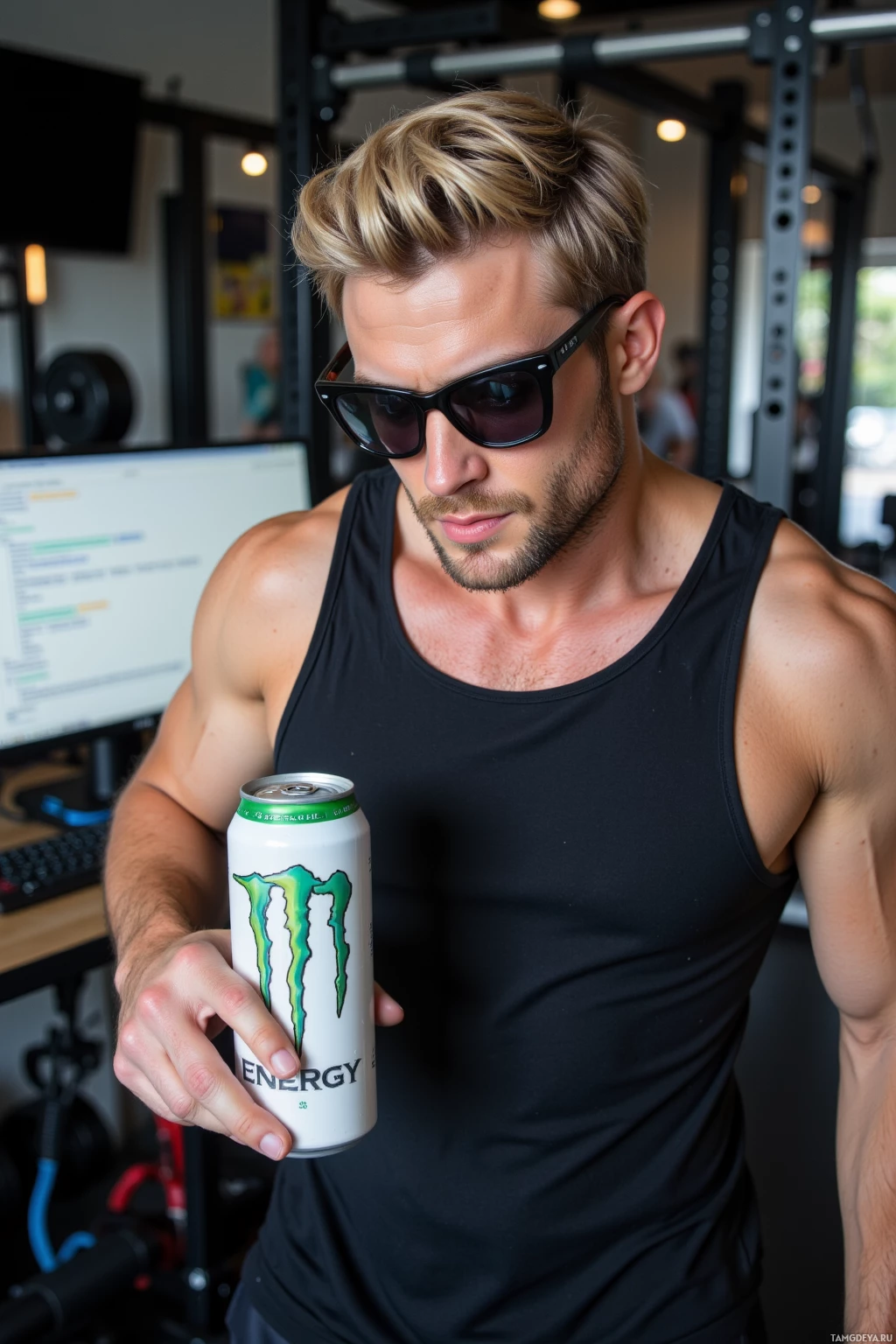 A muscular individual in a gym setting holds a can of Monster Energy drink.