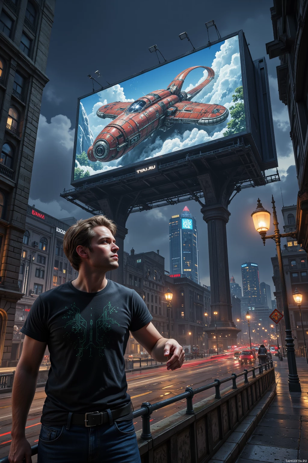 A man stands on a city street at dusk, gazing up at a large billboard featuring a futuristic flying vehicle.