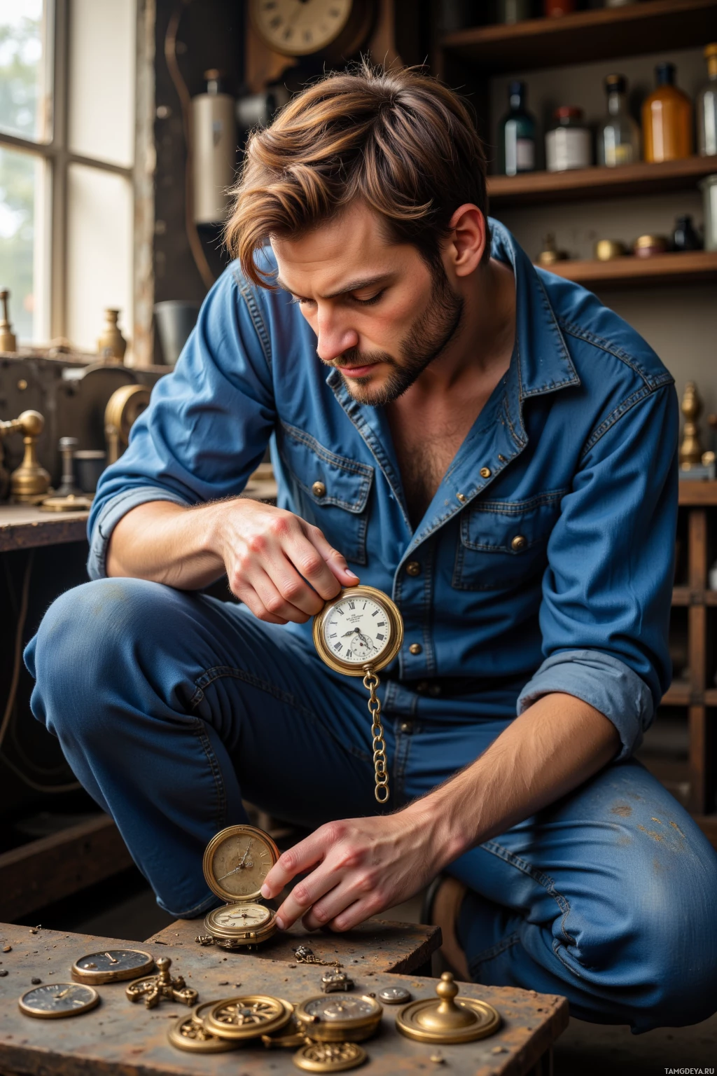 A man in a workshop setting examines a pocket watch.