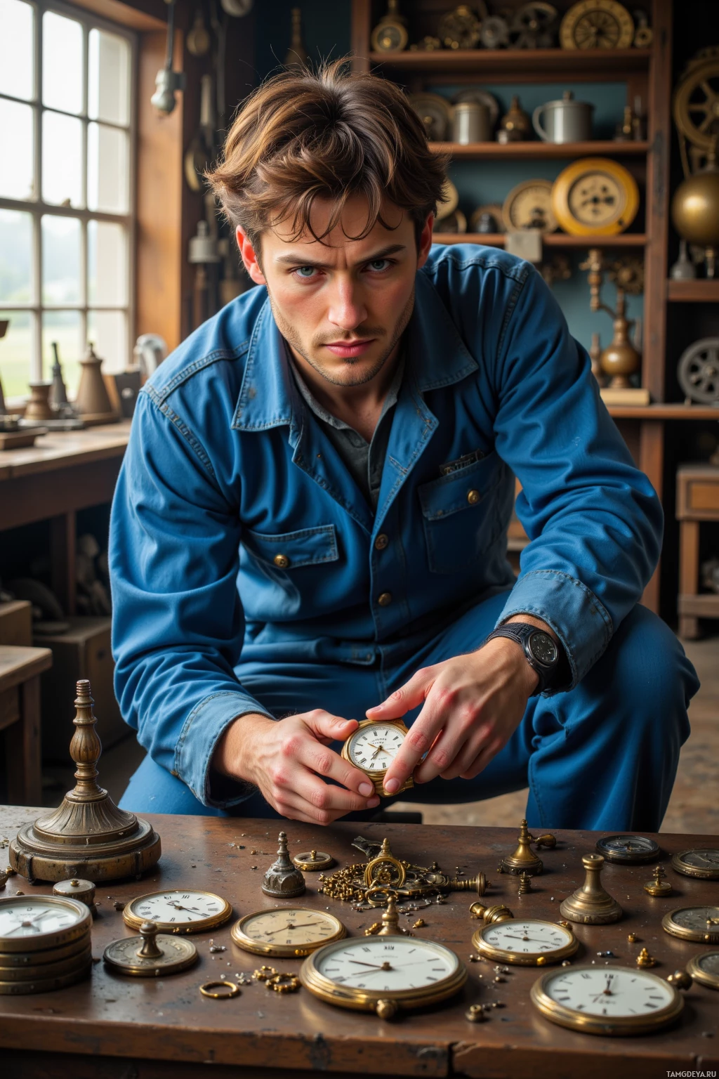 A man in a blue shirt is examining a clock in a workshop filled with antique clocks and tools.