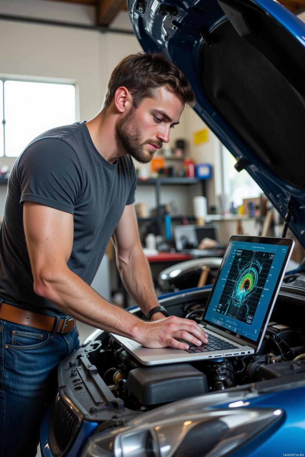A man uses a laptop to inspect a car's engine in a garage.
