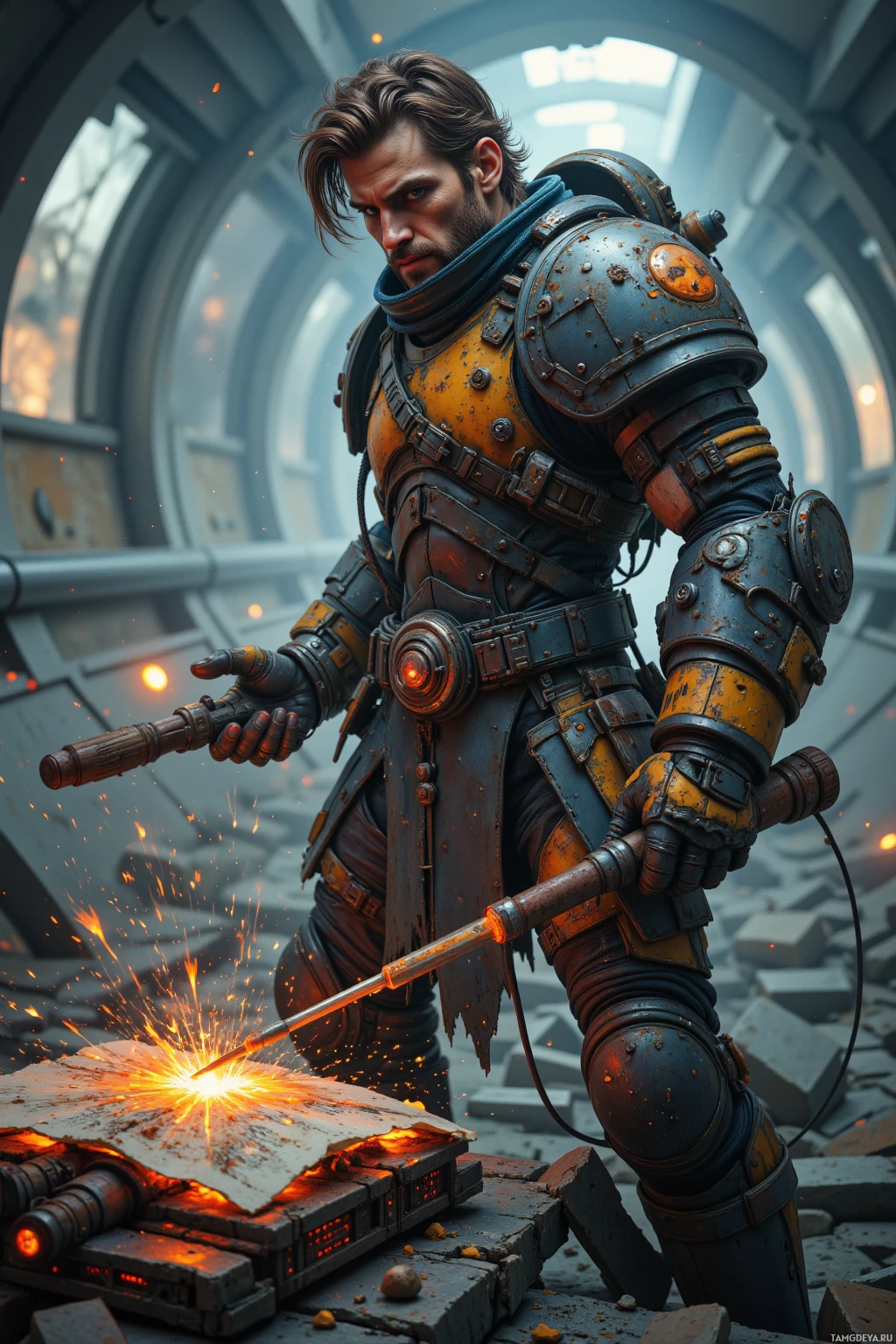 A rugged, armored individual stands in a futuristic setting, wielding a glowing tool amidst debris.