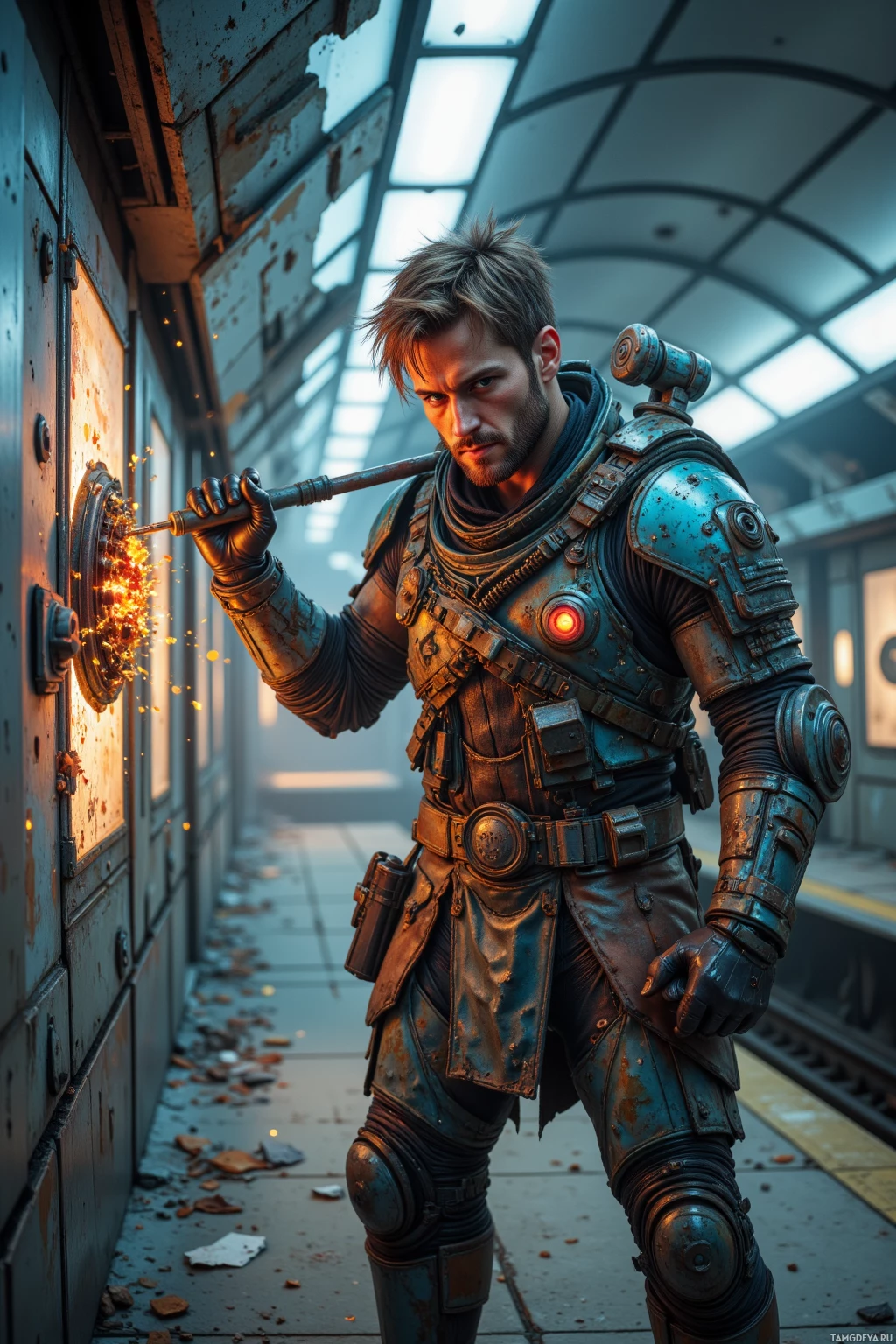 A rugged individual in futuristic armor stands in a dimly lit, industrial setting.