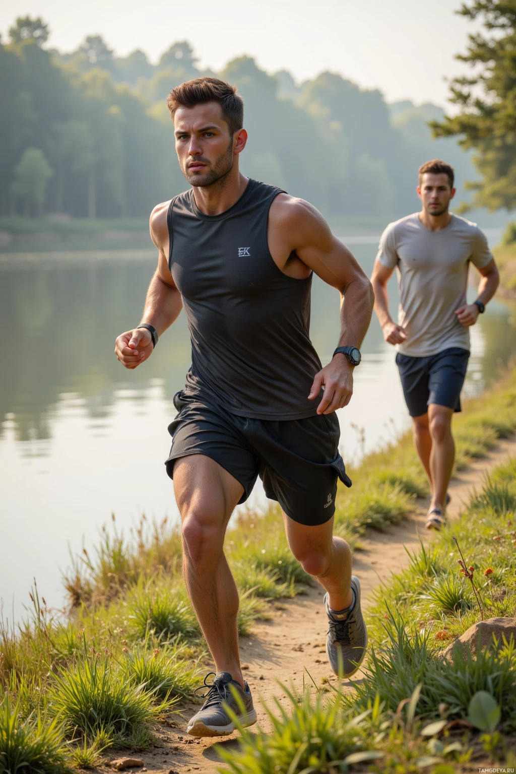Two men are jogging along a path near a lake.